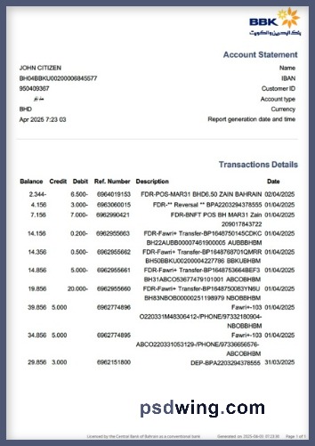 Bahrain Bank of Bahrain and Kuwait (BBT) Account Statement (Word)